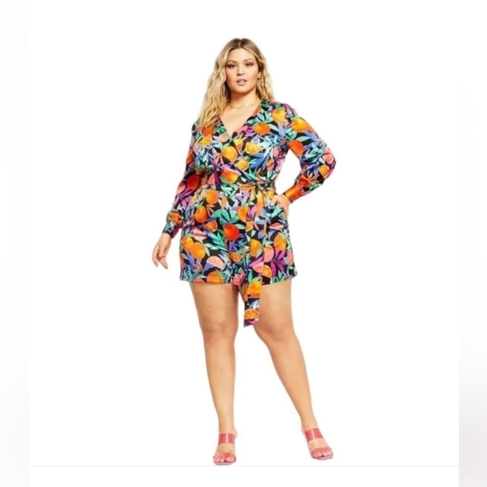 NWT Nina Parker Romper Womens Plus 2X Colorful Floral Long Sleeve Mock Wrap